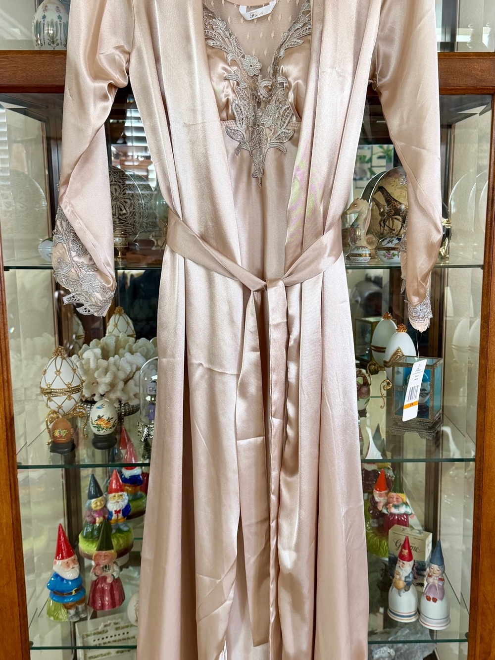 Flora Satin Lace Trim Long Sleeve Robe and Gorgeous Nightgown in Champagne